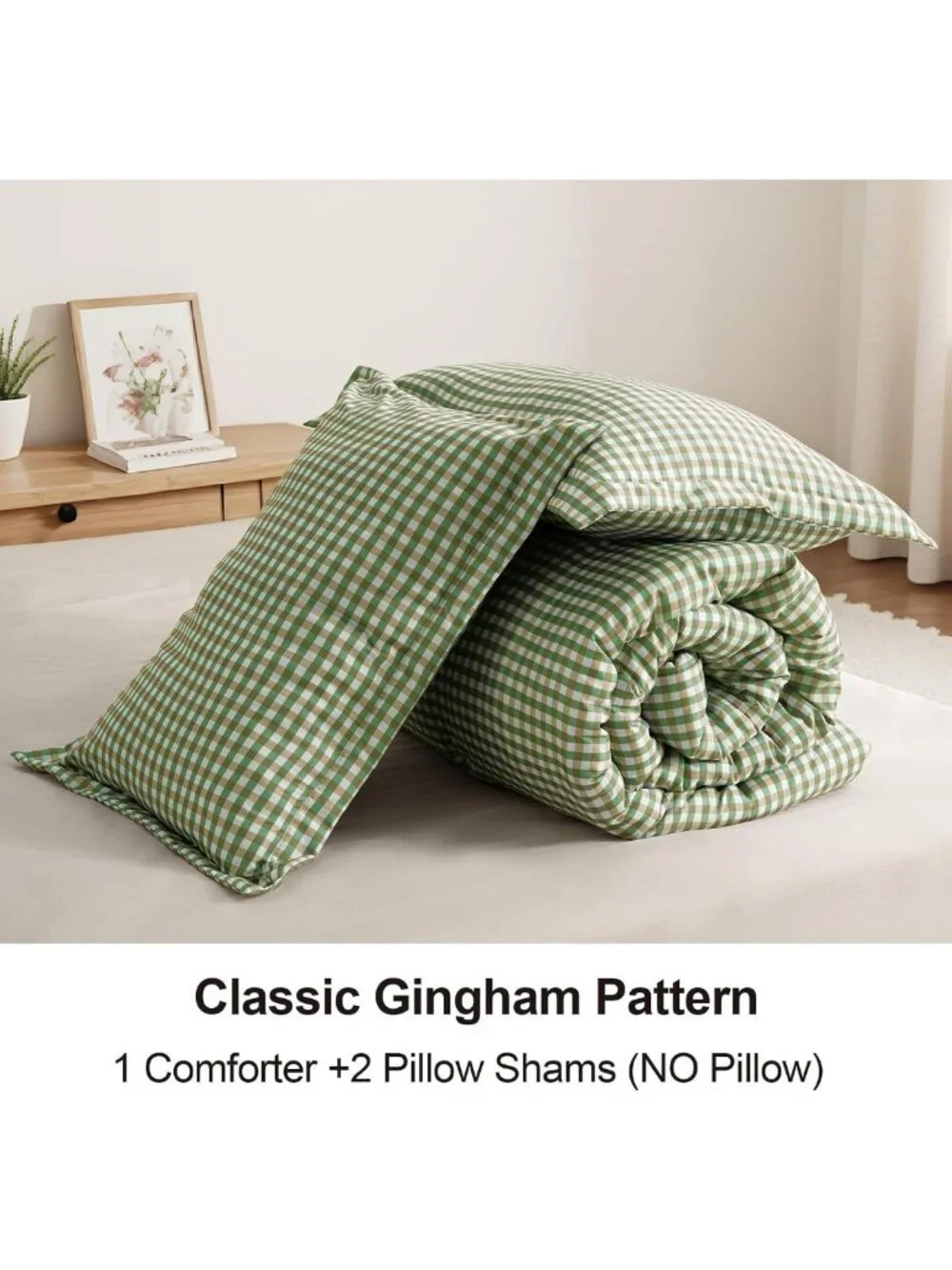 Cozy Twin XL Comforter Set, Fluffy Green Gingham Plaid Bedding, 3-Piece Set